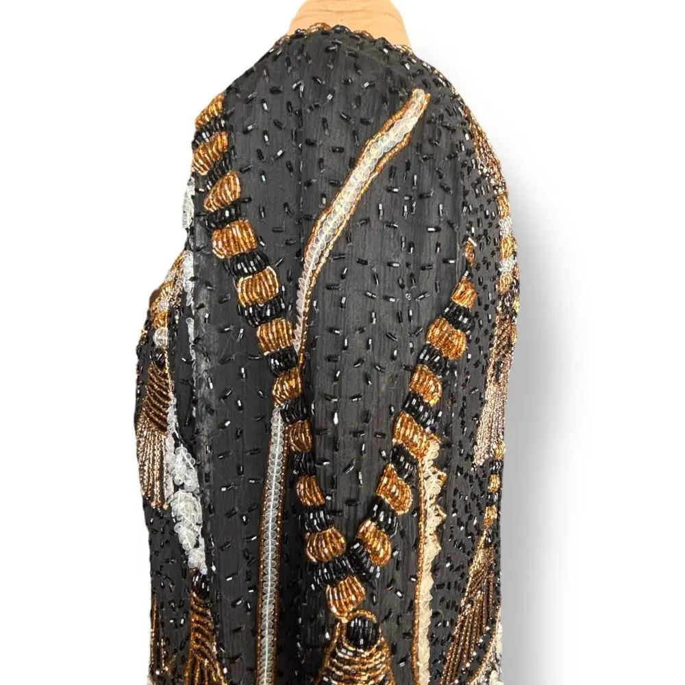 Vintage Silk Beaded Jacket‎ Black Gold 80s Luxury XL Maximalist Power Dressing